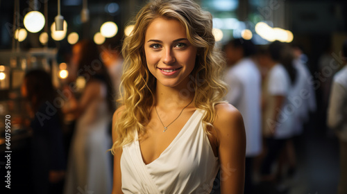 Intriguing contrast of a radiant, 18-year-old blonde with blue eyes and bright smile in white dress, set against an active science lab backdrop.