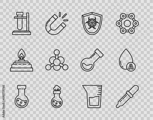 Set line Test tube and flask chemical, Pipette, Biohazard symbol on shield, stand, Bacteria, Laboratory glassware or beaker and Water drop icon. Vector