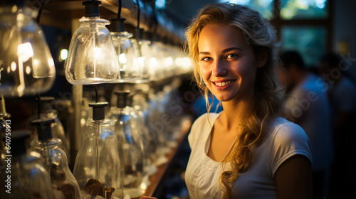 Radiant young blonde, in white dress amid bustling lab exudes future potential, curiosity meets natural beauty under contrasting glow.