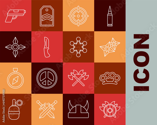 Set line Medieval shield with crossed axes, Brass knuckles, Japanese ninja shuriken, Target sport, Military knife, Pistol gun and Police badge icon. Vector