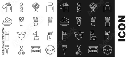 Set line Mustache, Hairdresser pistol spray bottle, Shaving brush, Round makeup mirror, Electric razor blade for men, gel foam, Aftershave with atomizer and icon. Vector
