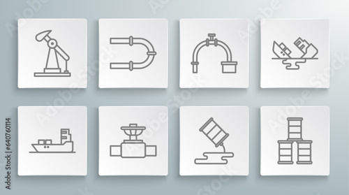 Set line Oil tanker ship, Industry pipe, and valve, Barrel oil leak, Wrecked and pump or pump jack icon. Vector