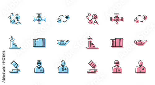 Set line Barrel oil leak, Oilman, Molecule, Businessman or stock market trader, industrial factory building, Canister for motor, pump pump jack and Broken pipe with leaking water icon. Vector
