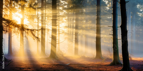 Sunrise in the forest with fog and rays of light © Faith Stock