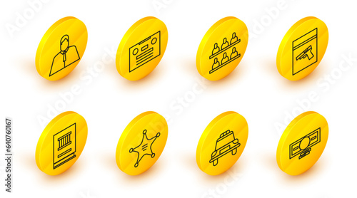 Set line Stacks paper money cash, Police car and flasher, Hexagram sheriff, Law book, Evidence bag pistol or gun, Jurors, Retro audio cassette tape and Lawyer, attorney, jurist icon. Vector