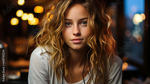 Captivating blonde teen, freckled with blue eyes, embraces her youthful innocence amid a neon-lit city's enchantment.