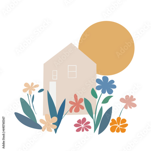 Vector botanical wall arts, with flowers and house