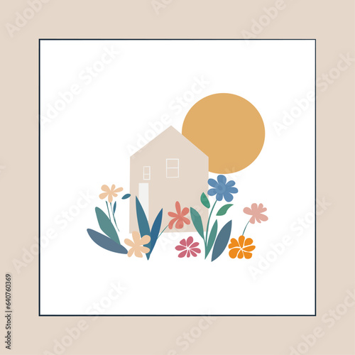 Vector botanical wall arts, with flowers and house