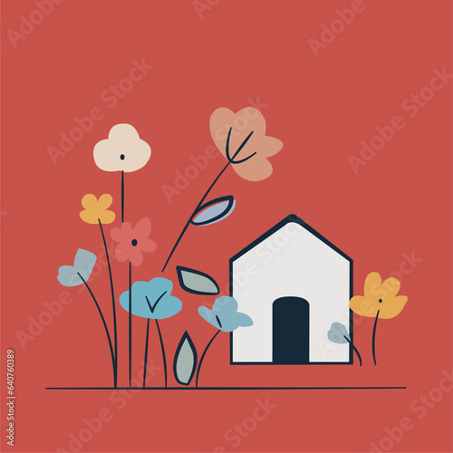 Vector botanical wall arts, with flowers and house