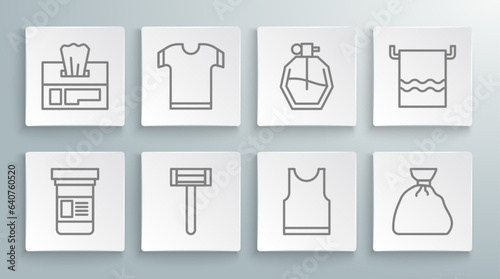 Set line Medicine bottle, T-shirt, Shaving razor, Sleeveless, Garbage bag, Perfume, Towel on hanger and Wet wipe pack icon. Vector
