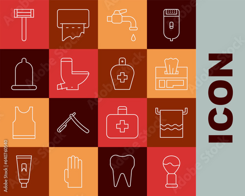 Set line Shaving brush, Towel on hanger, Wet wipe pack, Water tap, Toilet bowl, Condom, razor and Bottle of liquid antibacterial soap icon. Vector