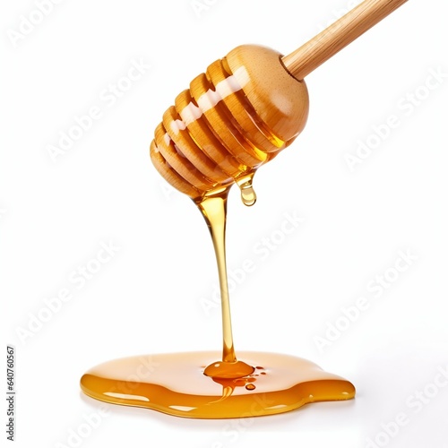 Dripping Honey from a Wooden Spoon Isolated on White Background. Generative ai