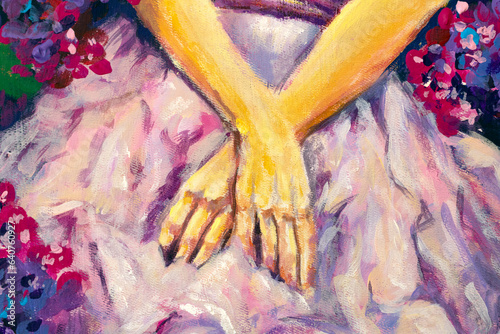 Hands of a woman girl on a dress close-up - fragment of painting with acrylic.