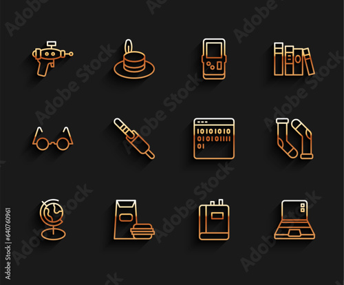 Set line Earth globe, Burger, Ray gun, Book, Laptop, Audio jack, Socks and Binary code icon. Vector