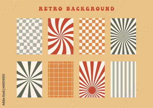 Set of groovy hippie autumn vibe 70s backgrounds. Y2k aesthetic waves, swirl, mesh, spiral ray, chess. Trendy vector texture in retro psychedelic style.