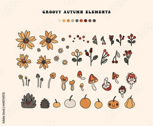 Retro Autumn cartoon cozy floral sticker set. Pumpkins, sunflowers, leaves, mushrooms, berries, decoration elements. 70s linear old animation style collection. Vintage comic vector stickers. Isolated