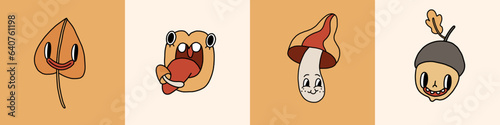 Autumn retro collection 30s cartoon mascot characters. Mushroom, acorn, leaves elements. 50s, 60s old animation style. Vintage comic fall season vector. Cheerful, happy emotions. Isolated