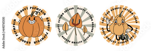 Autumn retro round stickers set with funny groovy mascots. Vintage logo design for Fall season. Pumpkin, leaves elements. Groovy autumn template print. Vintage cartoon style illustrations. Vector