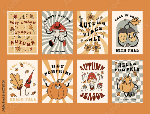 Autumn retro poster set with funny groovy mascots. A4 format card for Fall season. Pumpkin, leaves, mushrooms elements. Groovy autumn poster print template. Vintage cartoon style illustrations. Vector