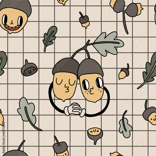 Groovy retro Autumn seamless pattern. Cozy retro vibe of 70s. Cute funny smiling acorn characters and oak leaves on checkered background. Trendy vintage illustration in cartoon hand drawn style