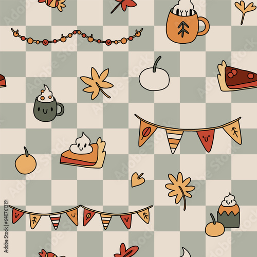 Groovy retro cozy autumn season seamless pattern. Warm fall vibe of 70s. Cute pumpkin spice pie and coffee cup on checkered background. Trendy food vintage illustration in cartoon hand drawn style