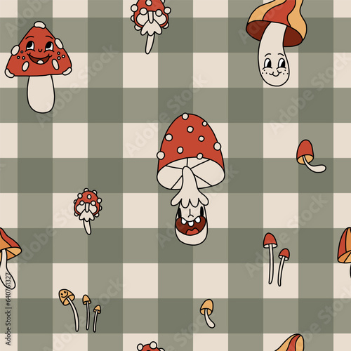 Groovy retro Autumn seamless pattern. Cozy retro vibe of 70s. Cute funny different mushrooms characters on checkered background. Trendy vintage illustration in cartoon hand drawn style