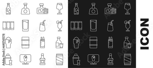 Set line Beer can, Bottle of vodka with glass, Cocktail, Whiskey bottle and, Shot, and icon. Vector