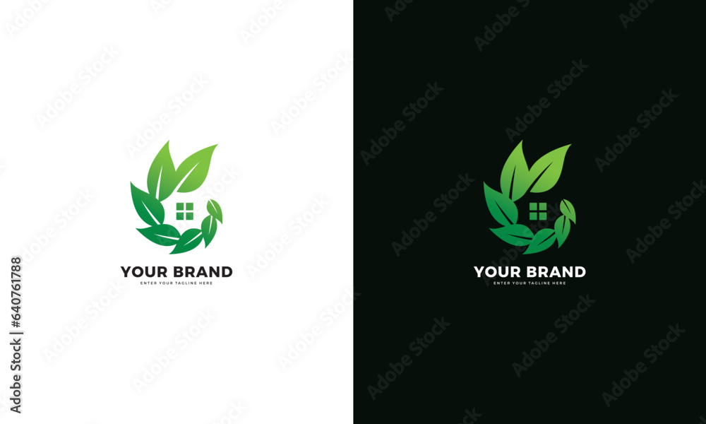 Green leaf house logo. vector graphic design