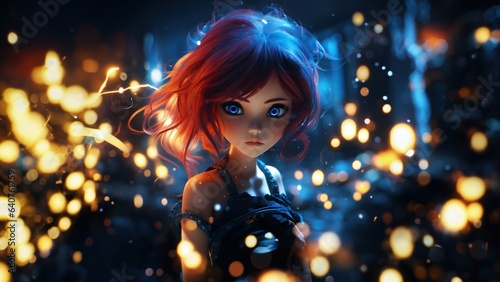 Gorgeous redhead girl with magical big blue eyes, sparks and fire embers surrounds her, supernatural midnight beauty - generative AI