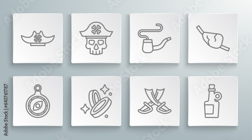 Set line Compass, Pirate captain, coin, Crossed pirate swords, Alcohol drink Rum, Smoking pipe, eye patch and hat icon. Vector