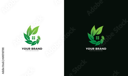 Green leaf house logo. vector graphic design