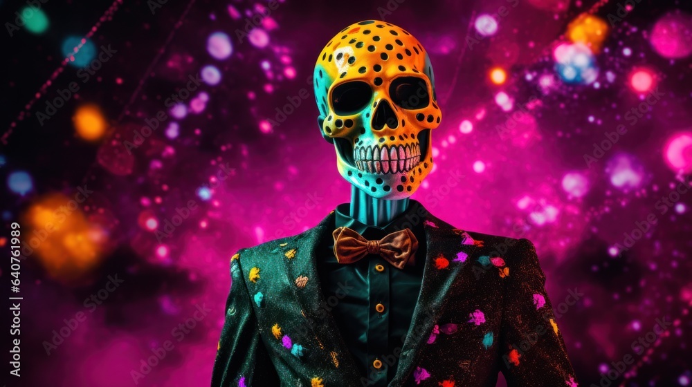 Dandy skeleton with stylish masquerade skull mask on his way to eccentric Halloween costume party, polka dot neon glow UV colors - generative AI Dandy skeleton with stylish masquerade skull mask on his way to eccentric Halloween costume party, polka dot neon glow UV colors - generative AI