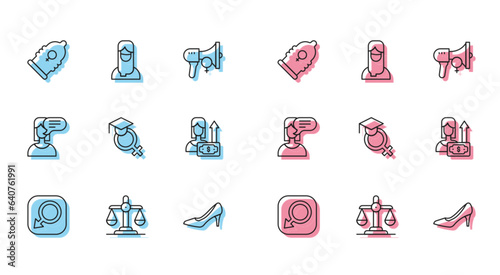Set line Male gender, Gender equality, Condom, Woman shoe, Teacher, Money growth woman, Female opinion and Muslim hijab icon. Vector
