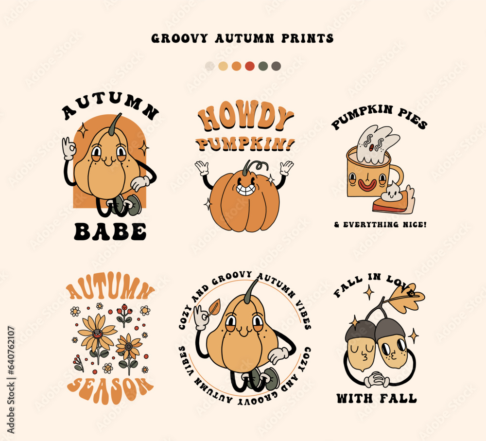 Naklejka premium Retro Autumn T shirt Design set. Fall Quotes about Autumn, typography T shirt design, Fall groovy shirts. Hello autumn, howdy pumpkin, fall in love, autumn babe, pumpkin spice lettering vector graphic
