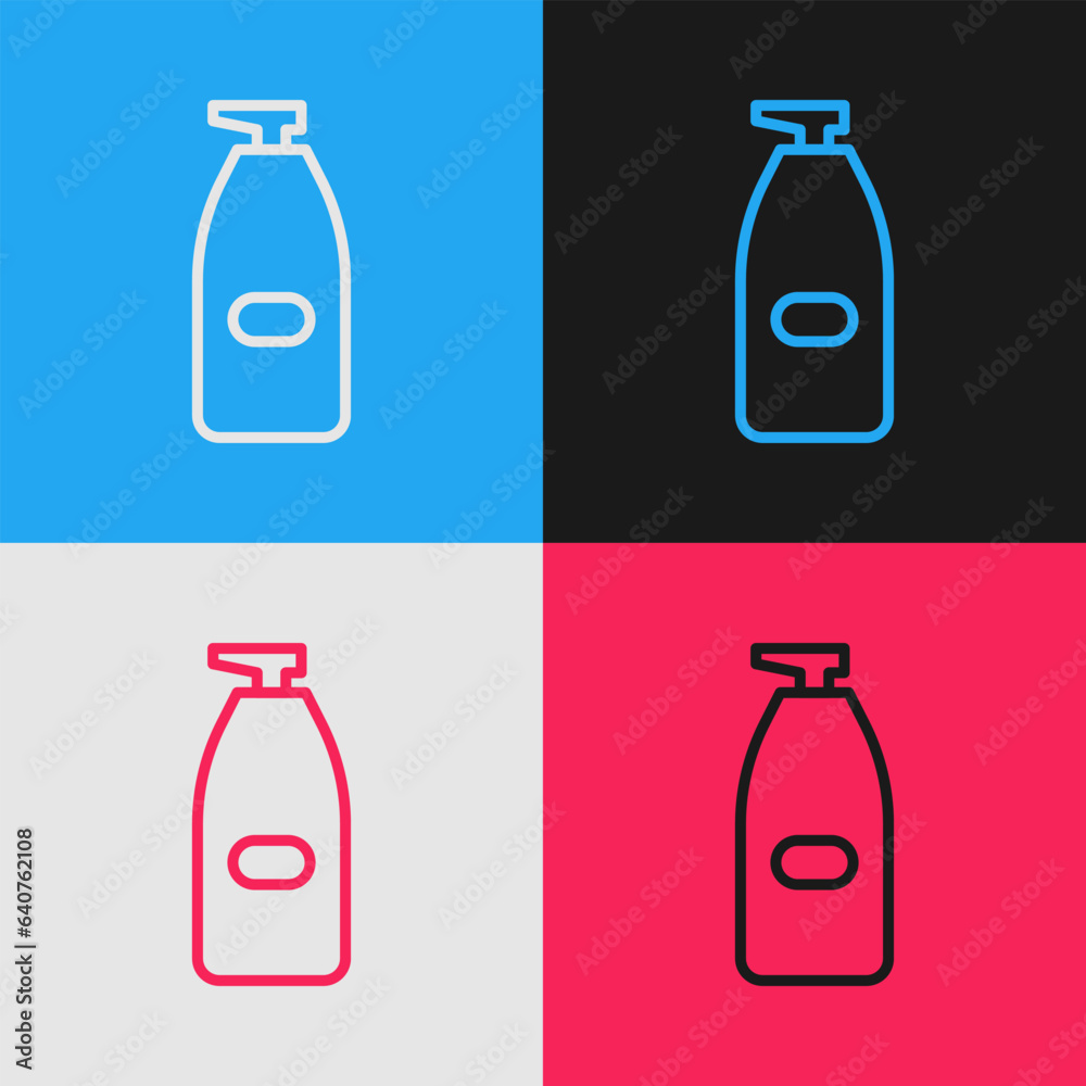 Pop art line Bottle of liquid antibacterial soap with dispenser icon isolated on color background. Antiseptic. Disinfection, hygiene, skin care. Vector Illustration Pop art line Bottle of liquid antibacterial soap with dispenser icon isolated on color background. Antiseptic. Disinfection, hygiene, skin care. Vector Illustration
