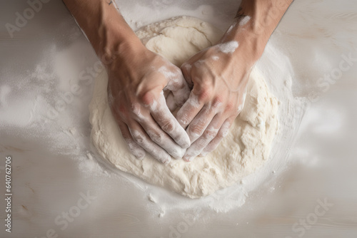 Hands kneading flour dough, top view.generative ai 