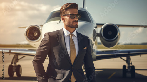 A businessman or a rich man standing next to his own jet, a millionaire in front of his plane wearing a classic outfit.generative ai 