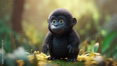3d cute mascot charact baby gorilla isolatedn on blurred green nature forest background