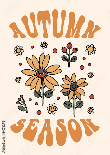 Autumn groovy poster with funny retro mascot. A4 format card for fall season. Groovy autumn poster print template. Vintage cartoon style illustrations. Vector
