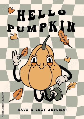 Autumn groovy poster with funny retro pumpkin mascot. A4 format card for fall season. Groovy autumn poster print template with pumpkin character. Vintage cartoon style illustrations. Vector