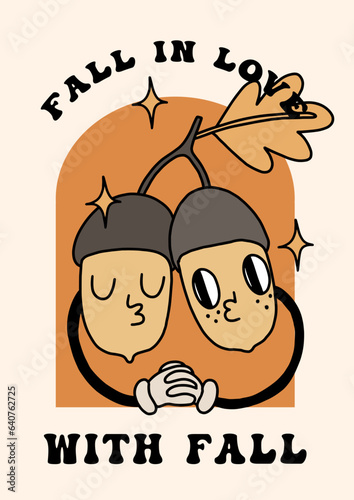 Autumn groovy poster with funny retro acorn mascot. Cute couple kissing. Fall in love. A4 format card for fall season. Groovy autumn poster print template. Vintage cartoon style illustrations. Vector