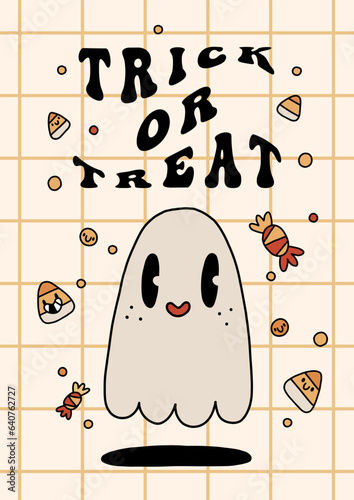 Happy Halloween groovy poster with funny retro ghost mascot. A4 format card for fall season. Groovy autumn poster print template. Vintage cartoon style illustrations. Vector