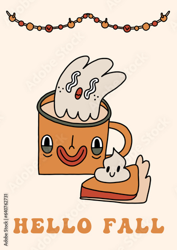Autumn groovy poster with funny retro pumpkin pie mascot. Cup of coffee character. A4 format card for fall season. Groovy autumn poster print template. Vintage cartoon style illustrations. Vector