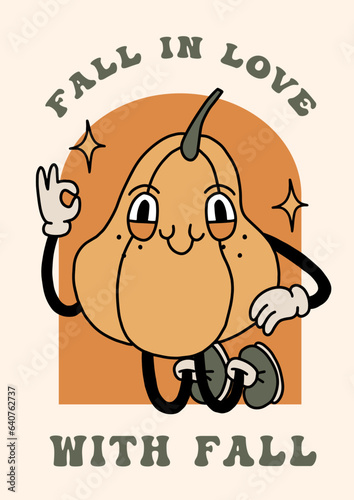 Autumn groovy poster with funny retro pumpkin mascot. A4 format card for fall season. Groovy autumn poster print template with pumpkin character. Vintage cartoon style illustrations. Vector