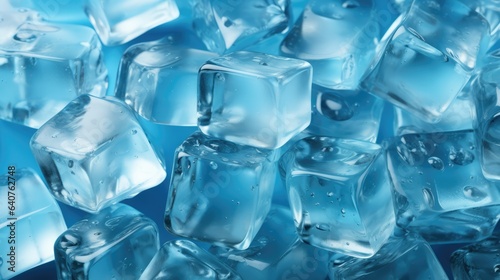 Ice cubes on blue background, macro shot, shallow depth of field. Ice cubes seamless pattern background. Fresh frozen ice background, realistic wallpaper of frozen ice rock blocks. generative AI