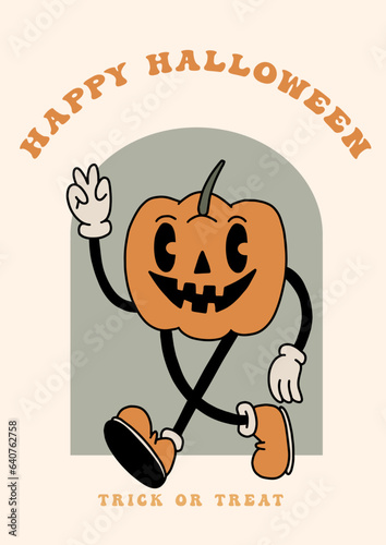 Happy Halloween groovy poster with funny retro pumpkin mascot. A4 format card for fall season. Groovy autumn poster print template. Vintage cartoon style illustrations. Vector