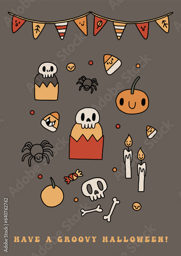 Happy Halloween groovy poster with funny retro groovy elements. A4 format card for fall season. Groovy autumn poster print template. Vintage cartoon style illustrations. Vector