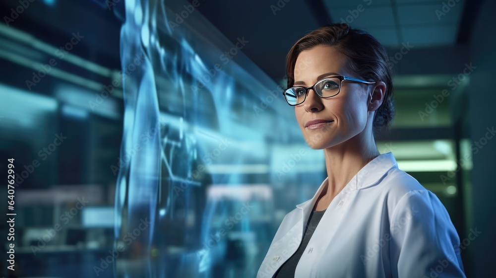 Portrait of confident female scientist looking at camera while standing in laboratory. Generative ai Portrait of confident female scientist looking at camera while standing in laboratory. Generative ai