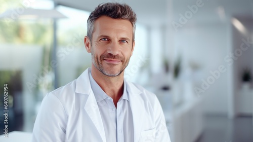 Portrait of smiling mature male doctor in white coat standing in office. Generative Ai.