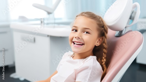Cheerful young girl with a bright smile, seated in a dental chair, confidently facing the camera. Generative ai